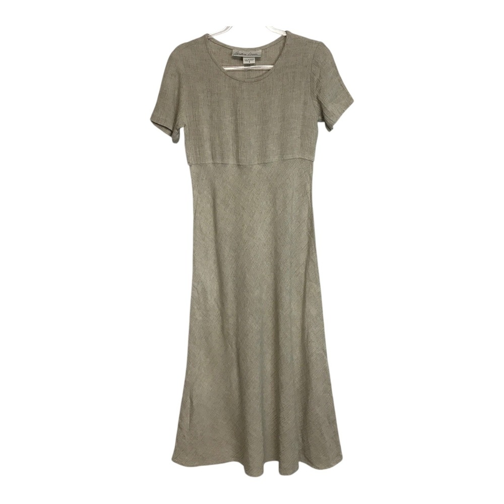 Barbara Lesser Womens Small Flax Rayon Blend Midi Dress Beige Short Sleeve